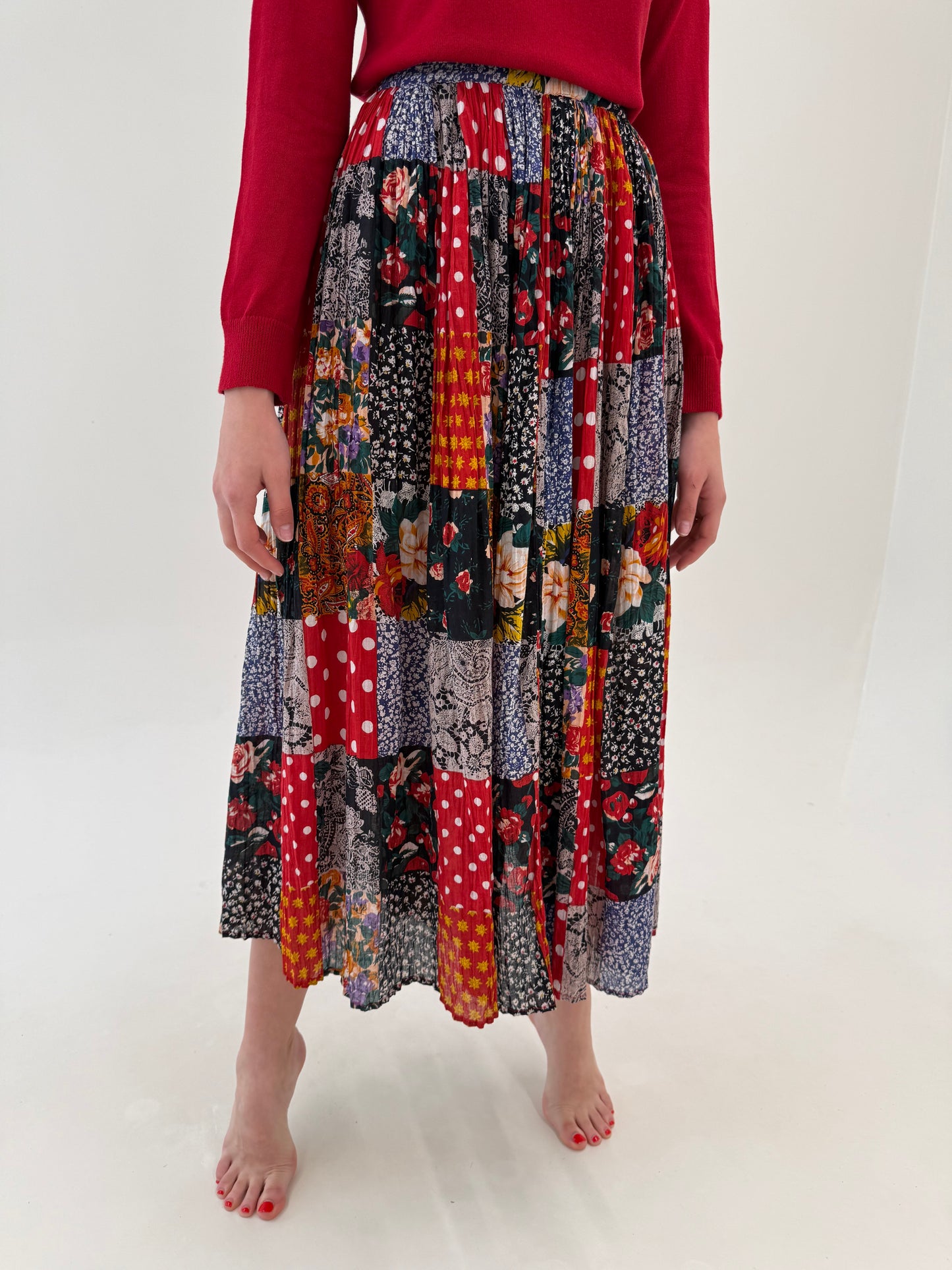 Rochie maxi patchwork din muselina de bumbac cu talie elastică