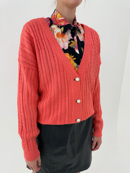 Cardigan vintage salmon orange din mix de lana extrafina în croi lejer