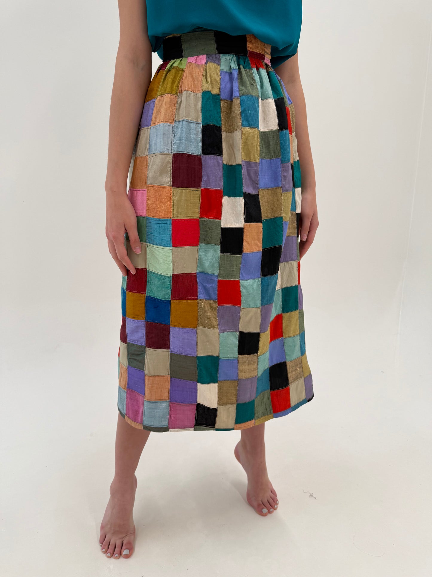 Fustă vintage în croi super elaborat Patchwork din pânză de mătase naturală