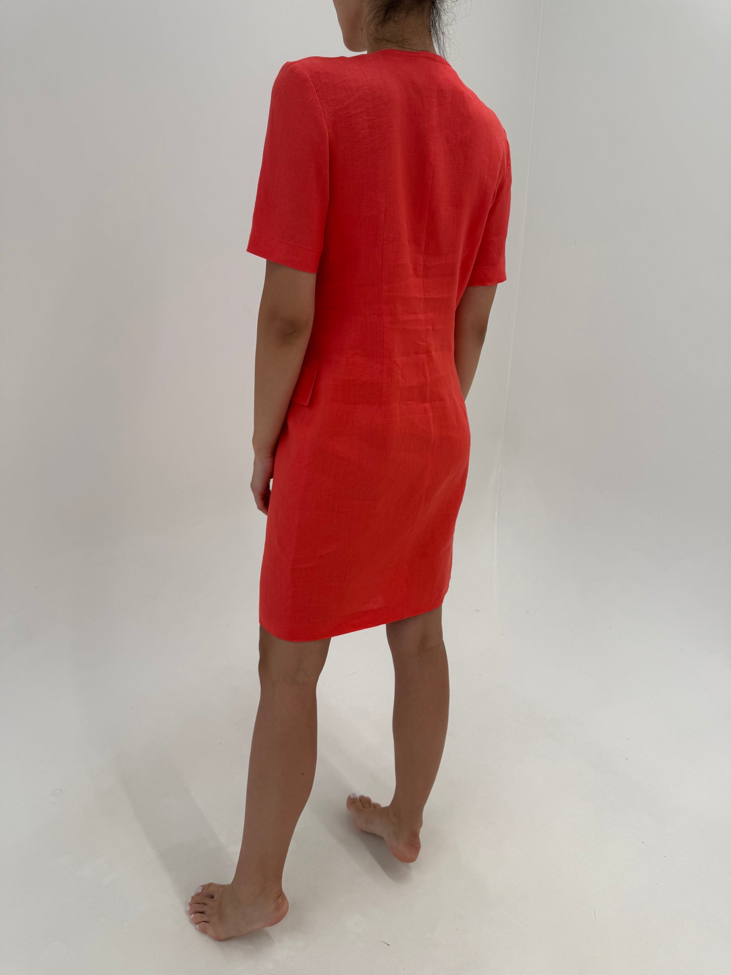 Rochie italiană din in premium electric coral red cu nasturi aurii metalici