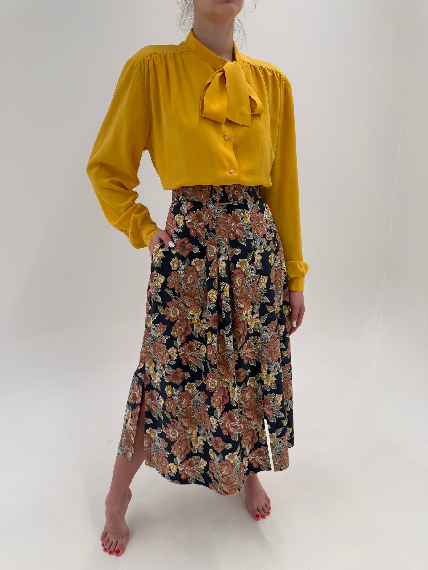 Fustă maxi din mătase naturală cu print floral și buzunare