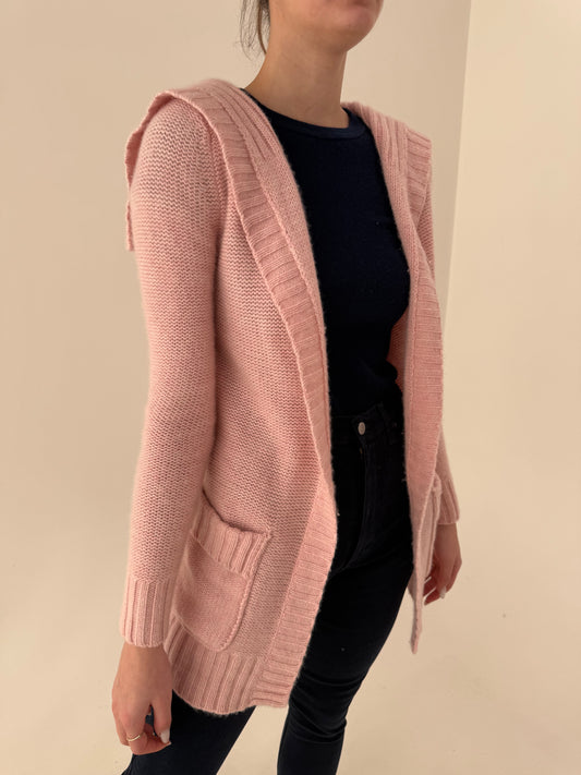 Cardigan din cașmir high end în croi lung powder Pink cu guler mare
