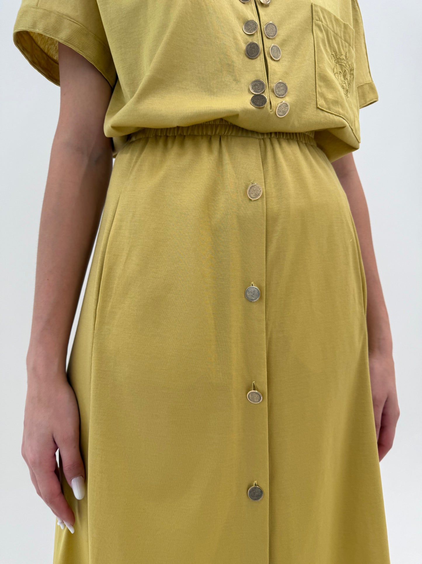 Set vintage dusty mustard green din bumbac excepțional cu nasturi metalici aurii