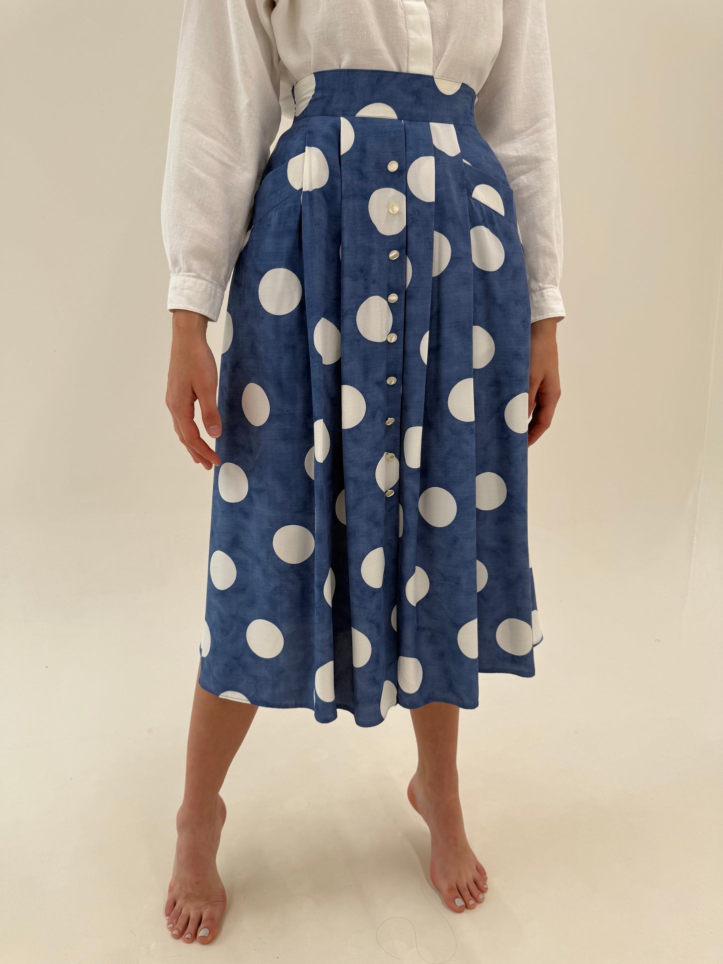 Fustă vintage jeans Blue cu buline ultra amplă midi lung