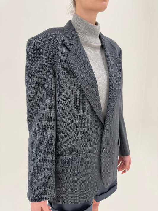 Sacou de brand luxury vintage Feraud din tweed Chevron Jeans blue cu negru