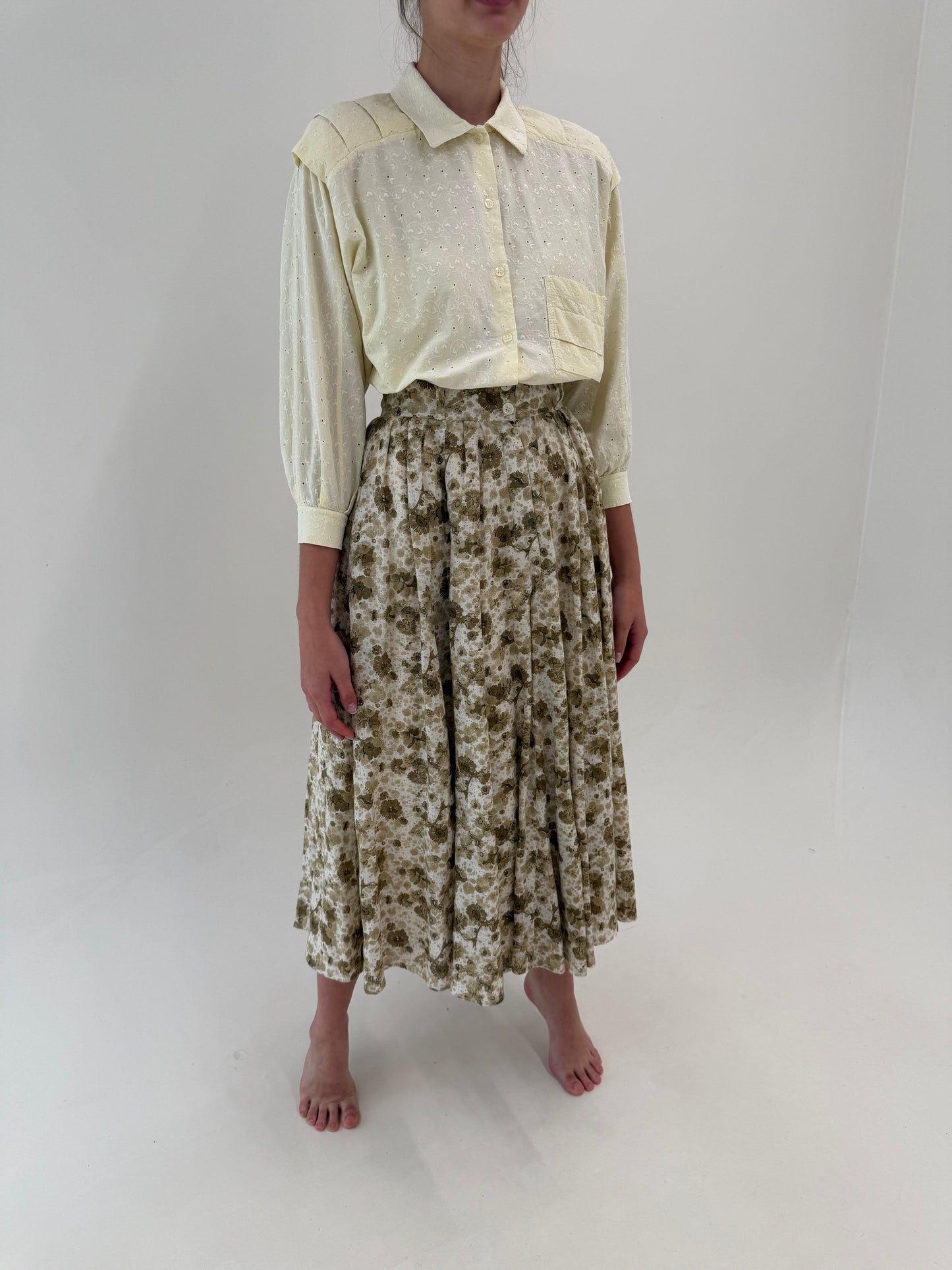 Fustă vintage maxi ultra amplă ivorie cu print floral delicat interior și exterior din in