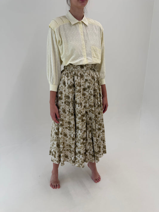 Fustă vintage maxi ultra amplă ivorie cu print floral delicat interior și exterior din in