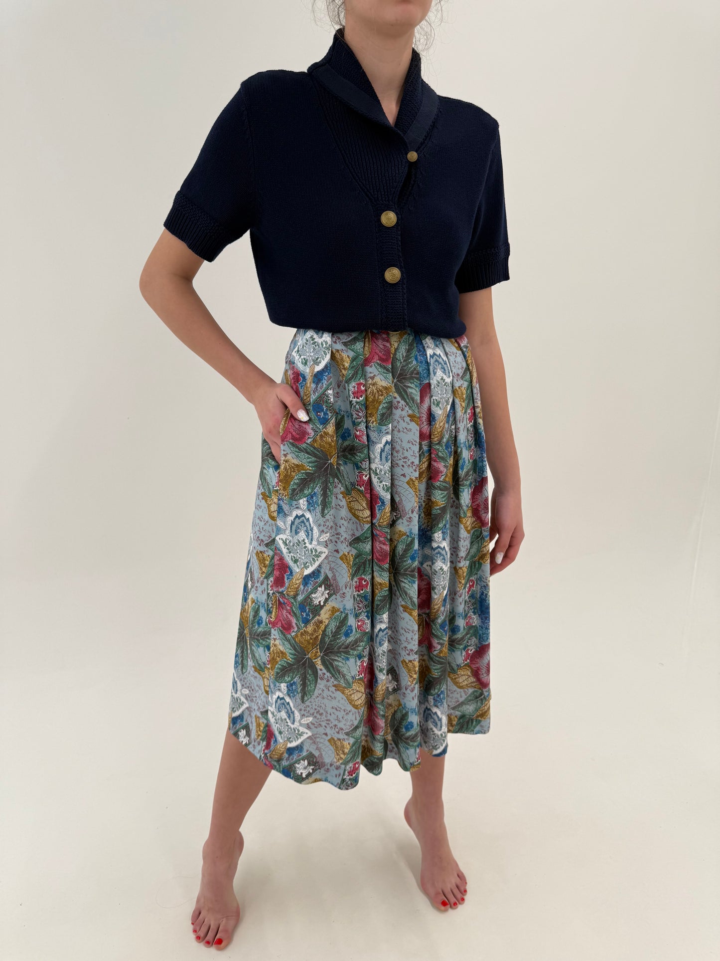 Fusta vintage baby blue plisata cu print și buzunare din panzica
