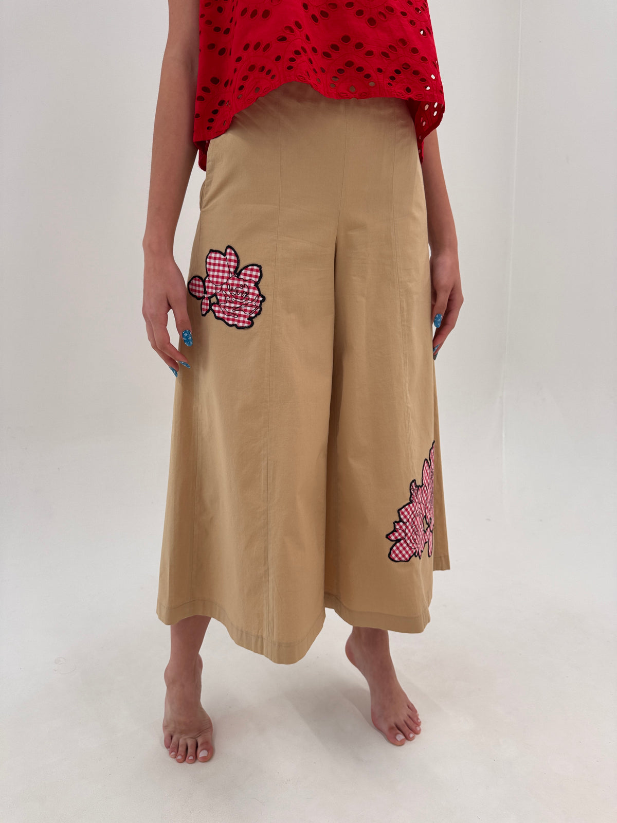 Pantaloni camel palazzo din bumbac moale ultra confort cu aplicații