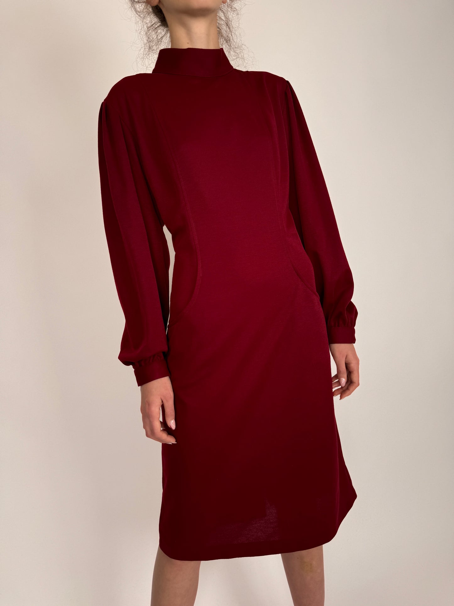 Rochie vintage oxblood cu buzunare din jerse extrafin din mix de lana