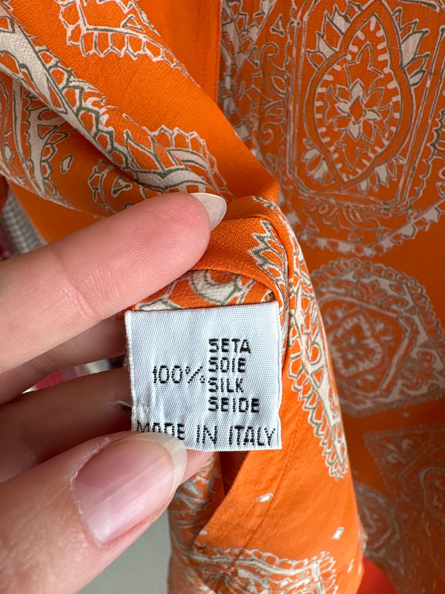 Cămașa vintage italiană oranj din mătase naturală cu print paisley