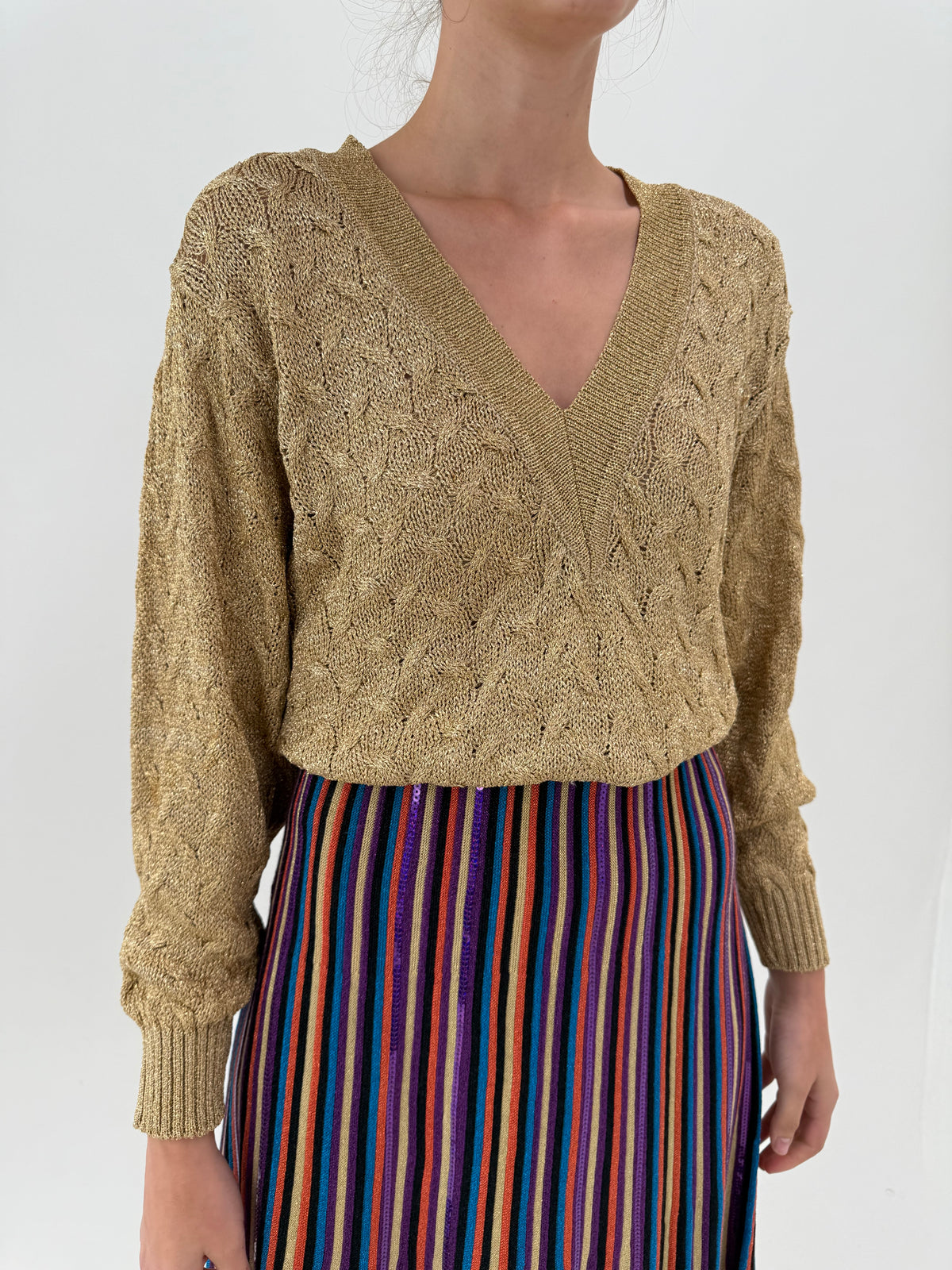 Pulover vintage dusty gold spectaculos cu torsade din lurex