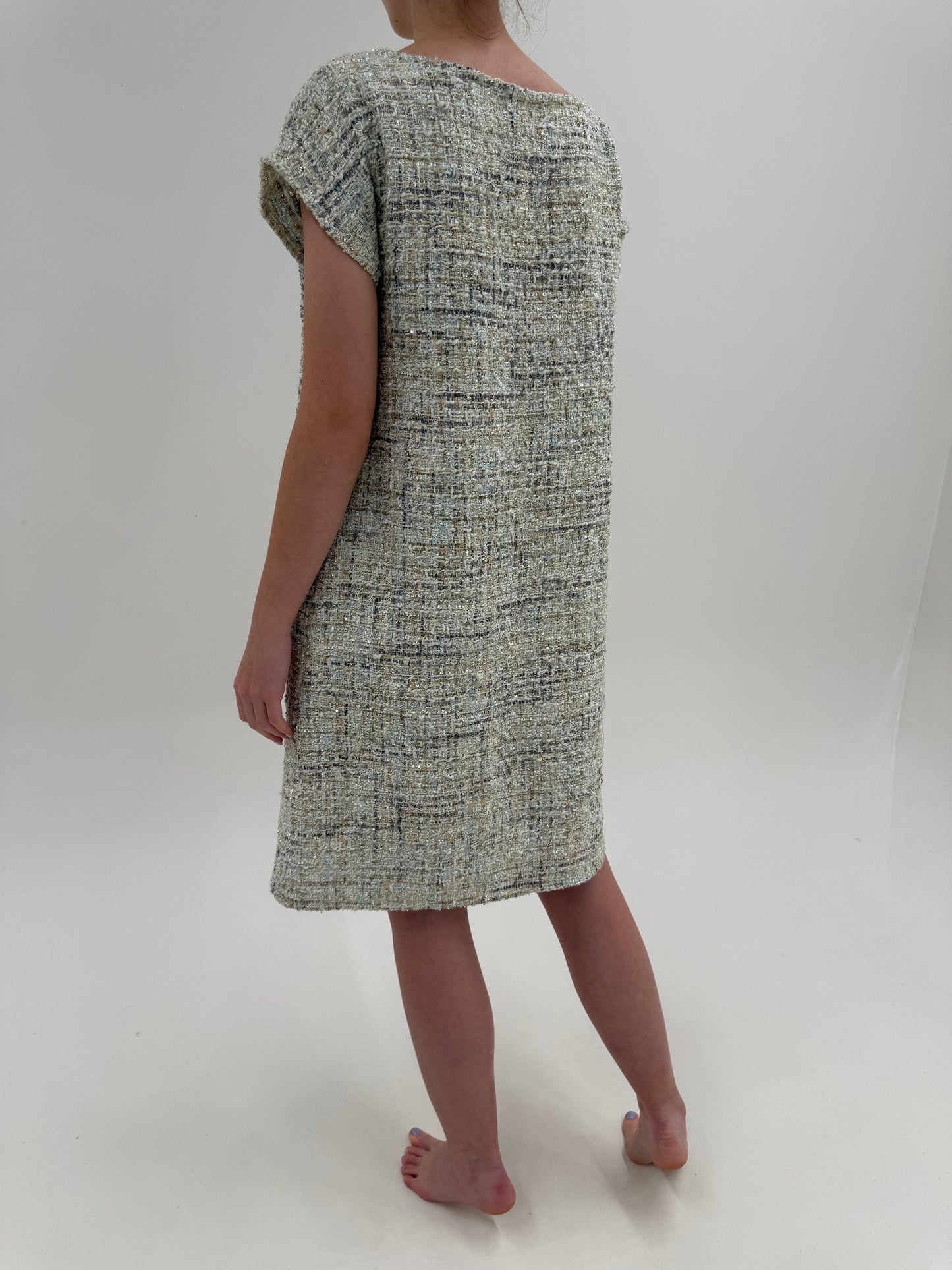 Rochie baby blue în stil Chanel din tweed prețios în croi lejer