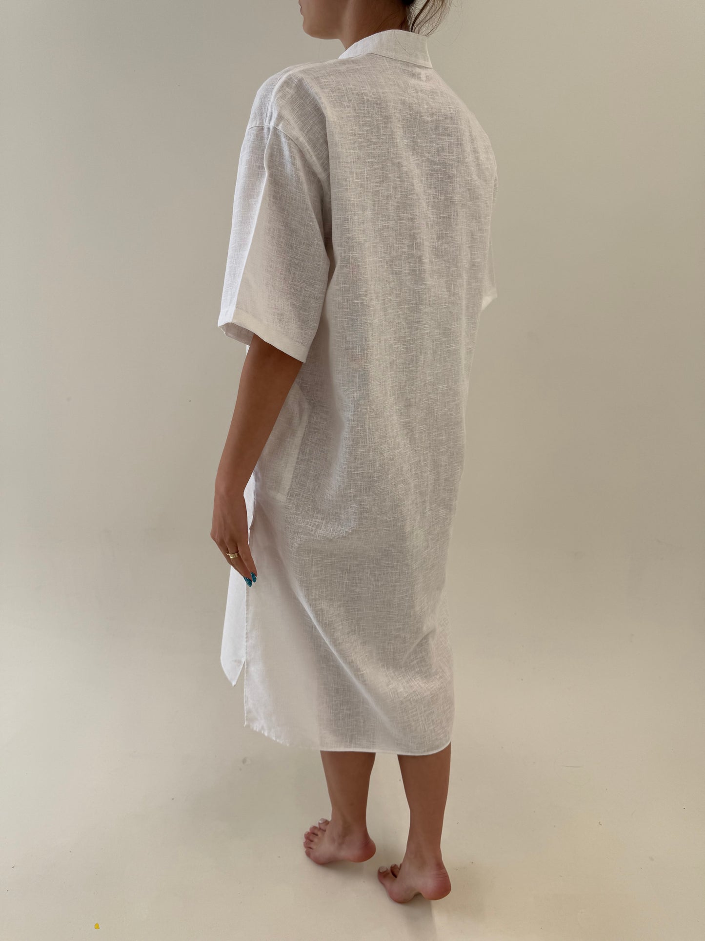 Rochie vintage din pânză moale de bumbac în croi tip tunica cu buzunare