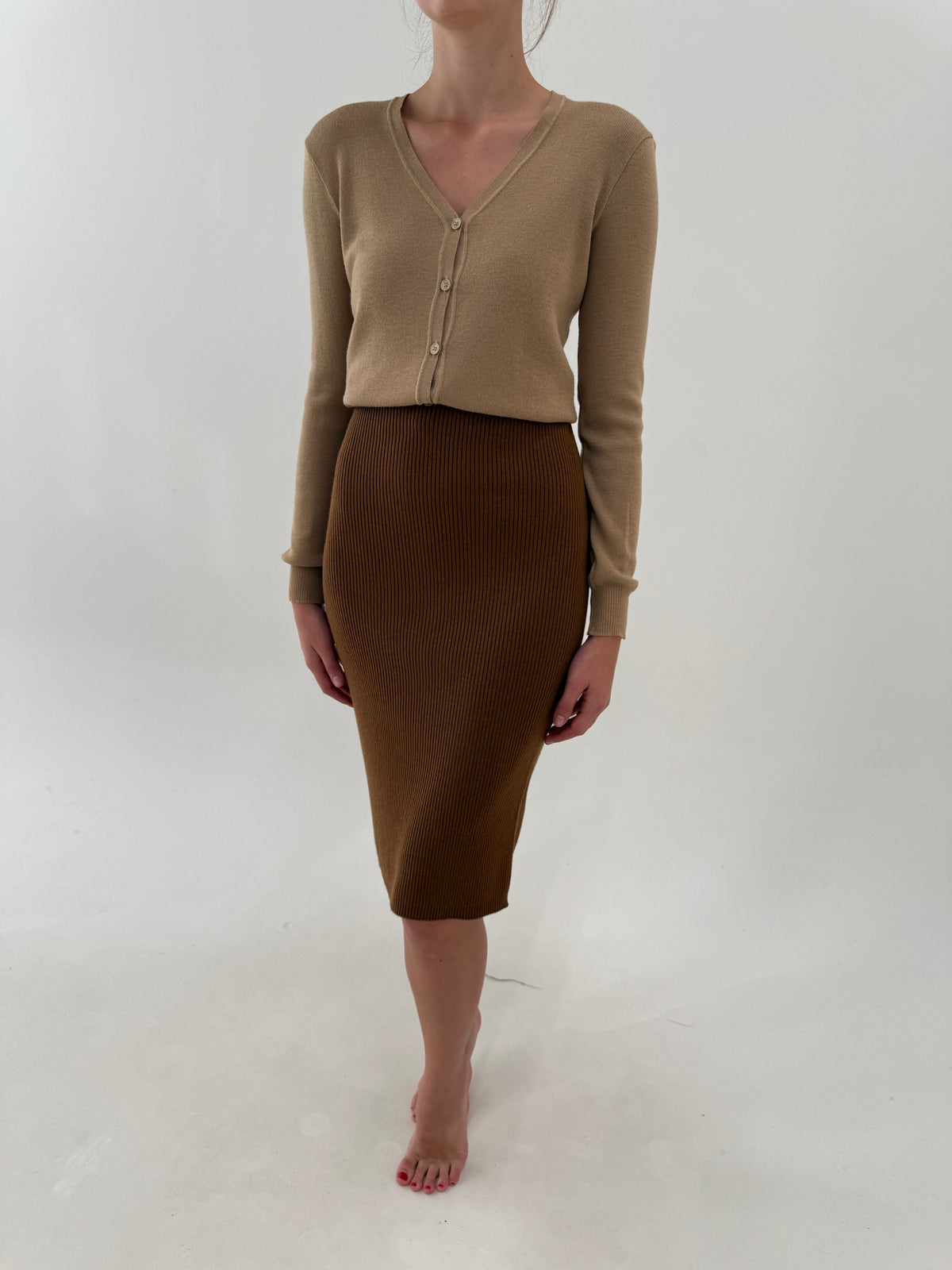 Fustă creion din triocot caramel ribbed de lana extrafina midi