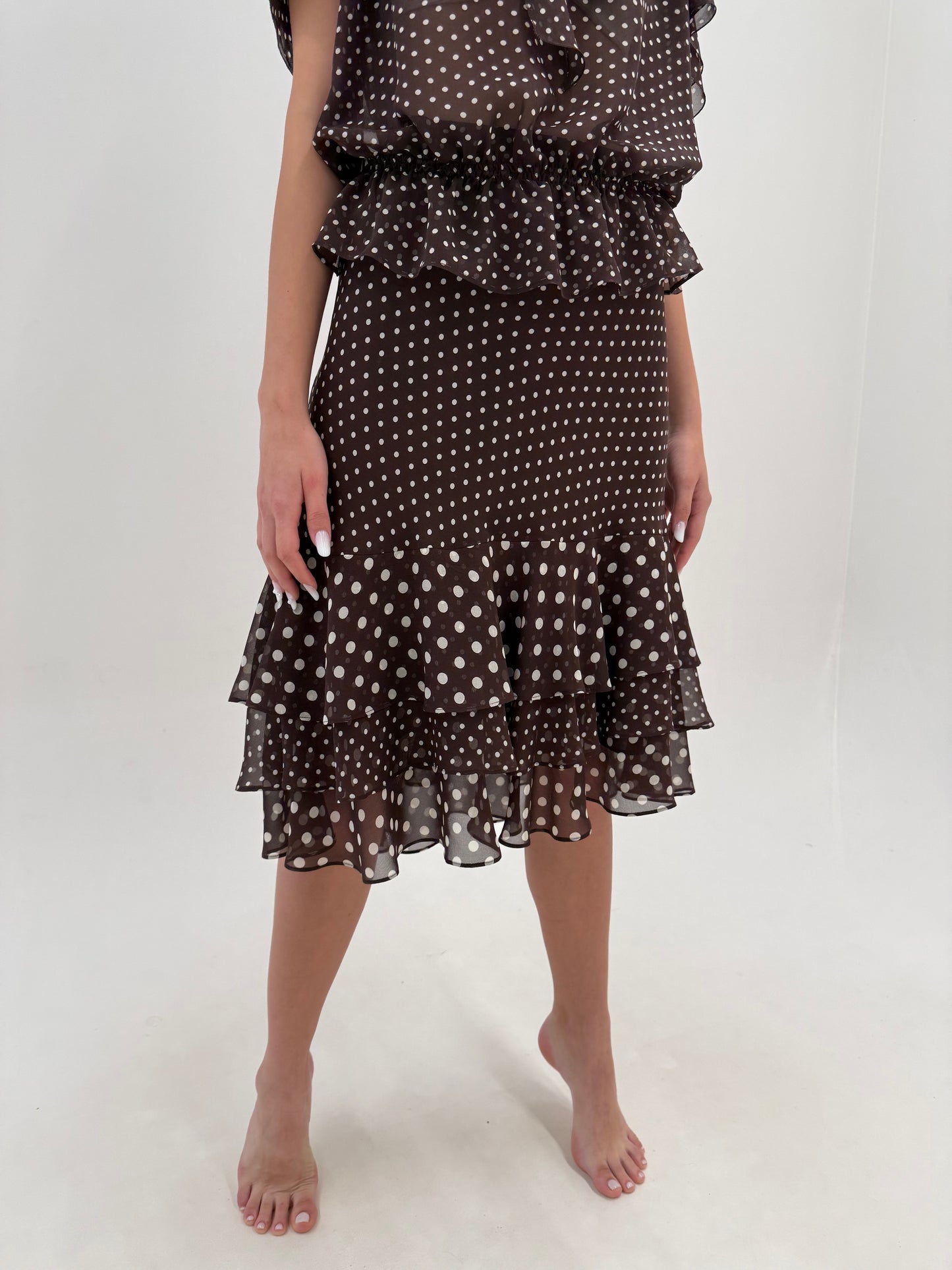 Set Luisa Spagnoli din mătase naturală cu buline ivoire pe chocolate brown
