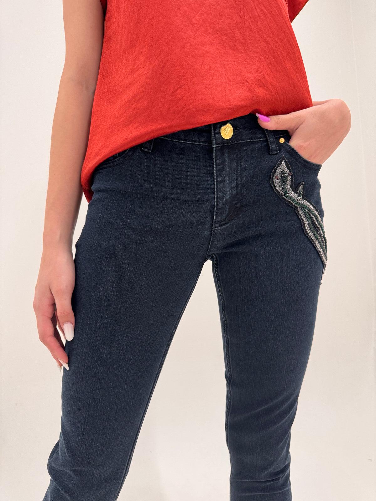 Jeans Cavalli capri cu aplicații manuale excepționale ultra confort modelatori
