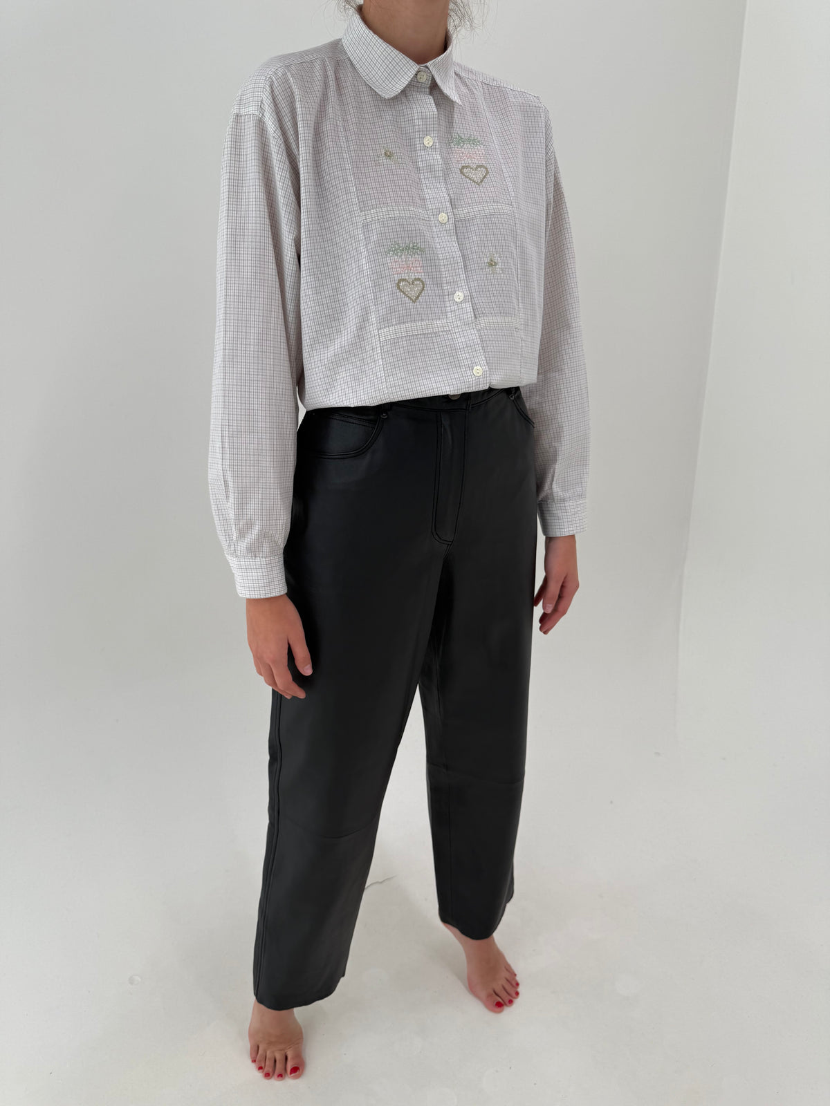 Pantaloni tall din piele naturală moale mom fit cu talie ultra înaltă