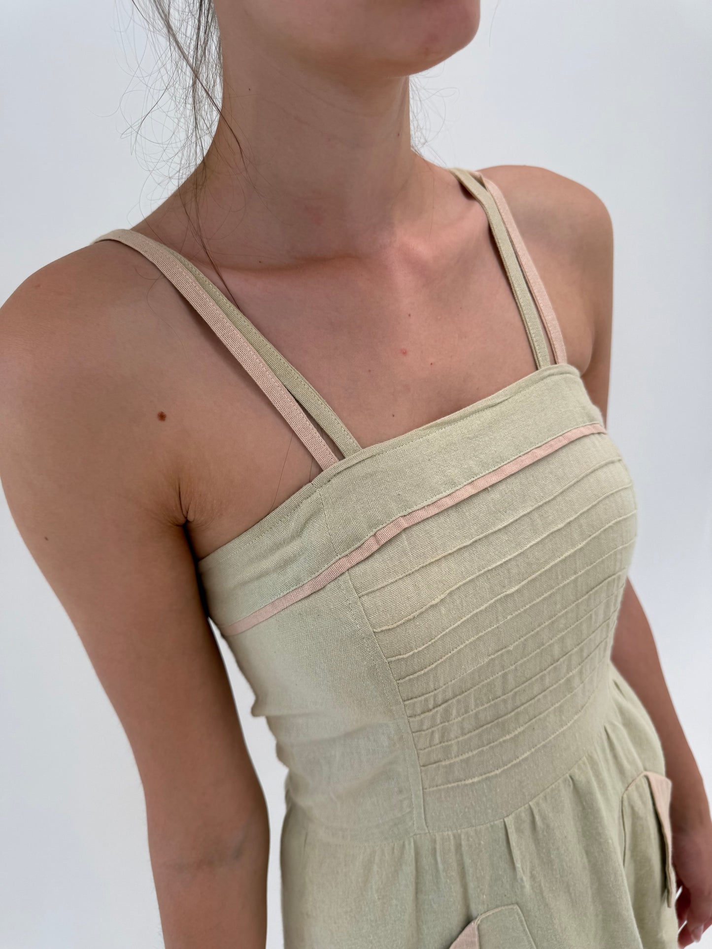Rochie maxi vintage Sage green cu inserții powder Pink din pânză de in