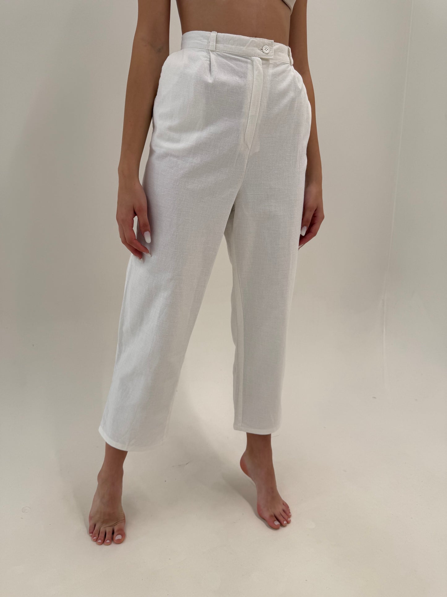 Pantaloni vintage cu pense din pânză de in și bumbac cu talie ultra înaltă