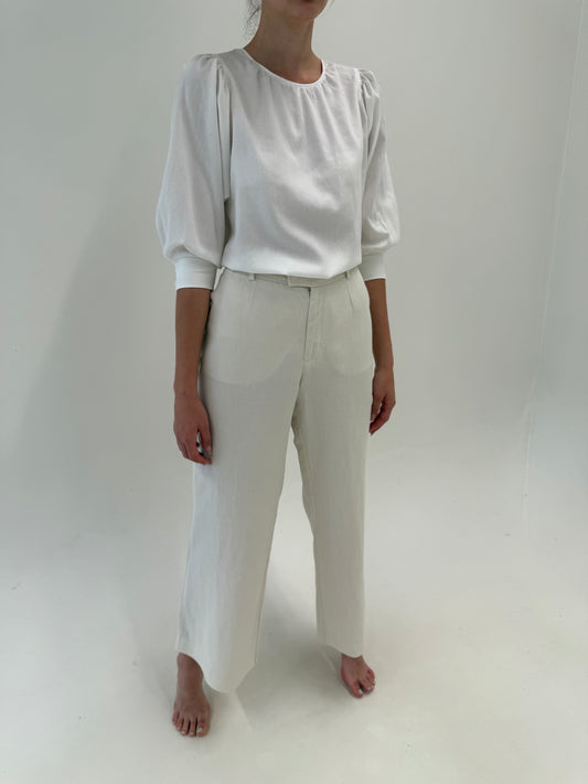 Pantaloni premium palazzo off white din pânză de in și bumbac