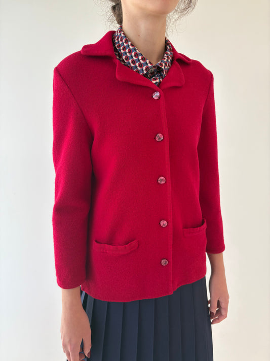 Sacou petite din jerse de lana merino extrafina cherry red de gramaj mare