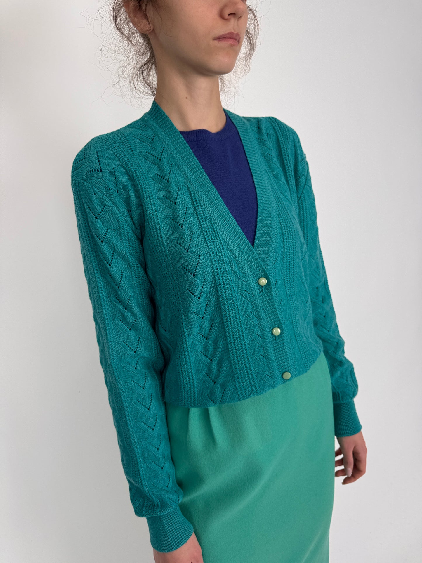 Cardigan vintage turquoise din lana extrafina texturată