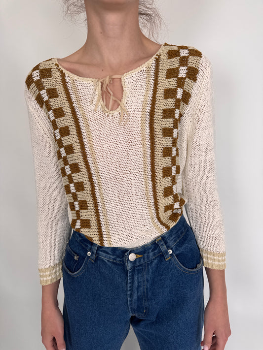 Bluză butter white cu print camel și chocolate brown