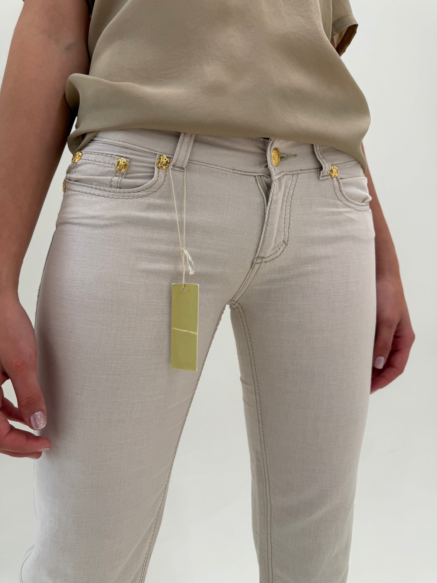 Pantaloni iconici Roberto Cavalli din pânză perlata noi cu etichetă off white