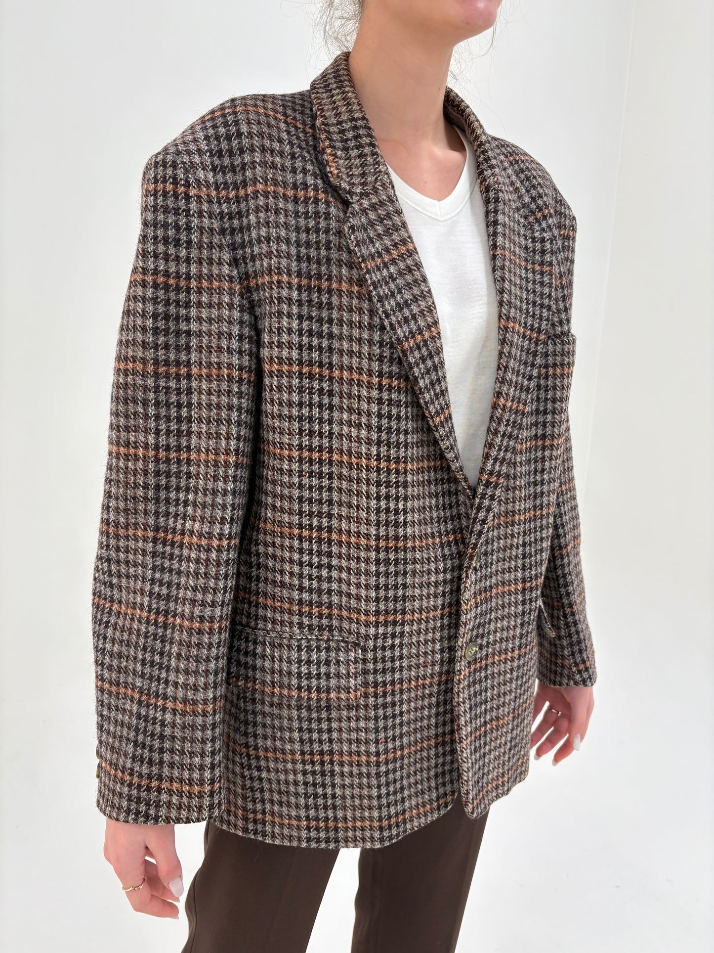 Sacou vintage în carouri din lana în croi lung oversized sau lejer