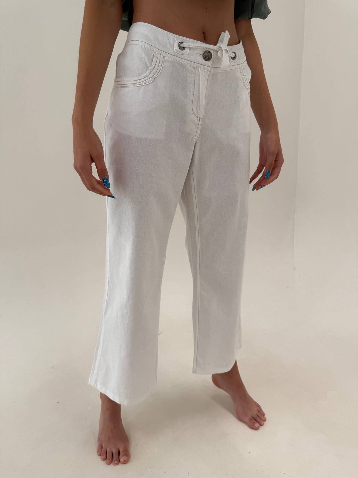 Pantaloni în croi drept cu talie reglabilă din pânză de in și bumbac