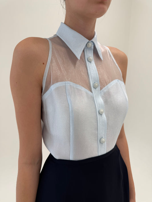 Corsaj vintage Versace baby blue din panzica perlata și organza