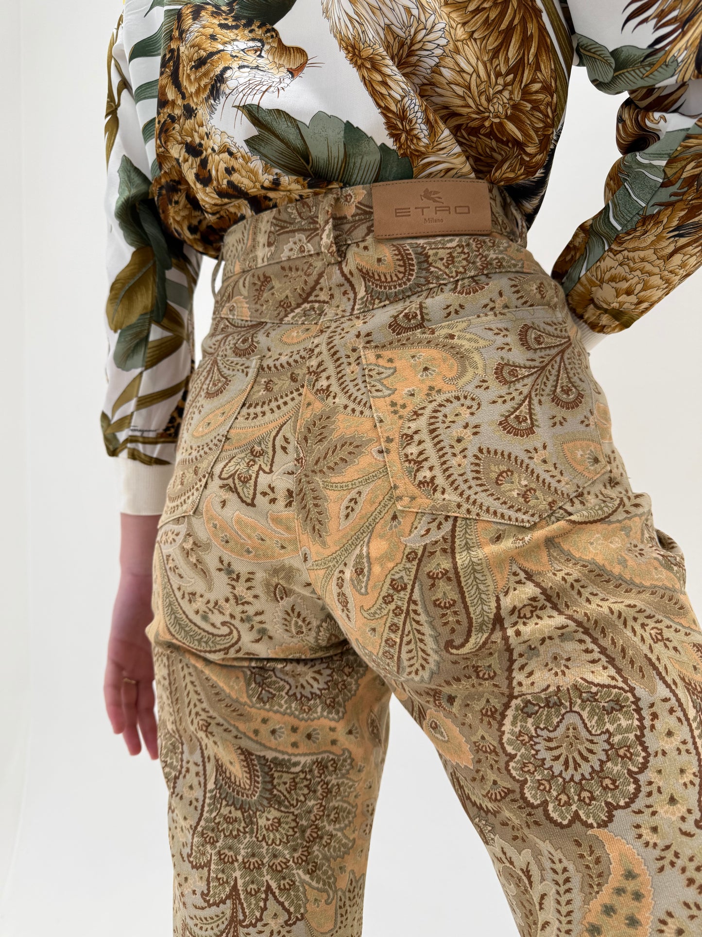 Pantaloni camel Etro petite cu print paisley specific brandului ultra confort modelatori