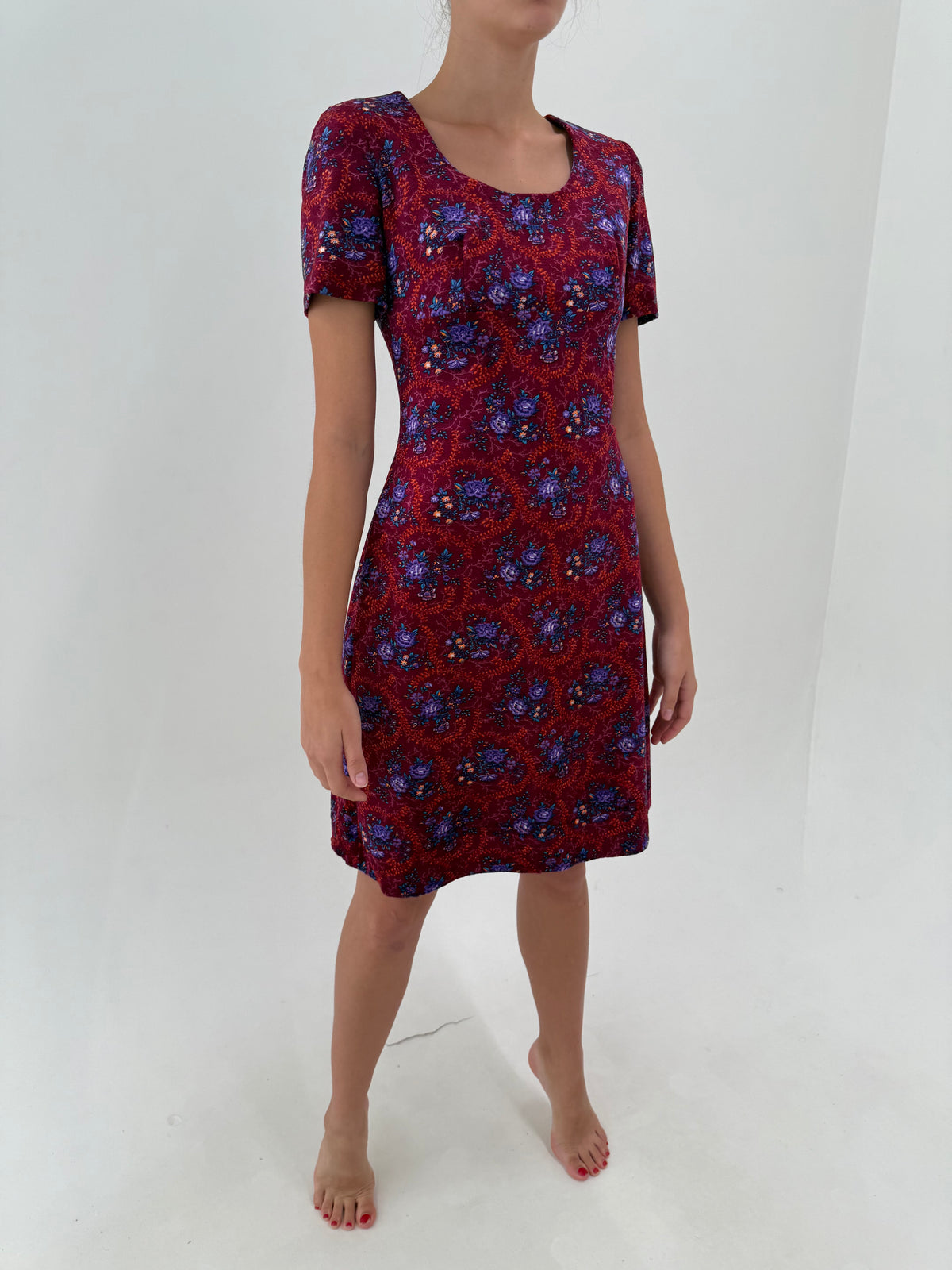 Rochie vintage din catifea excepțională de bumbac burgundy cu print superb