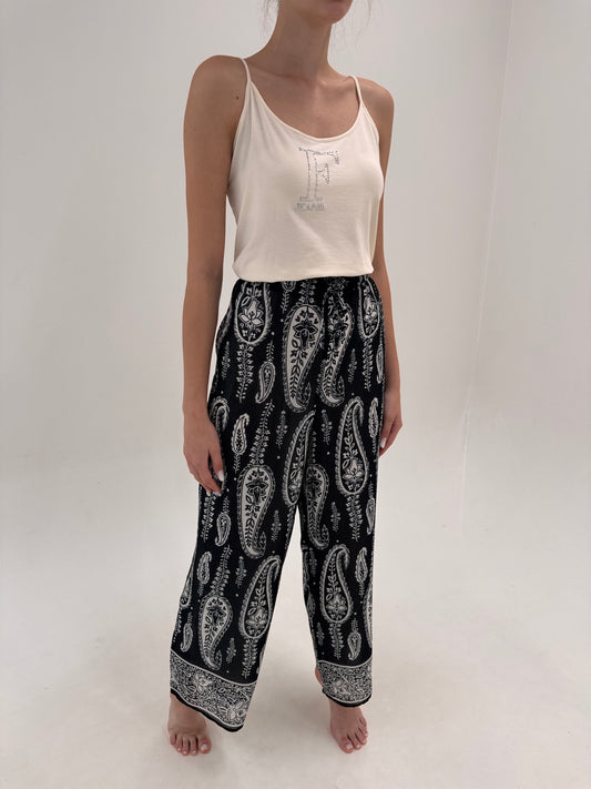 Pantaloni Marella by Max Mara palazzo cu print paisley alb negru și talie elastică