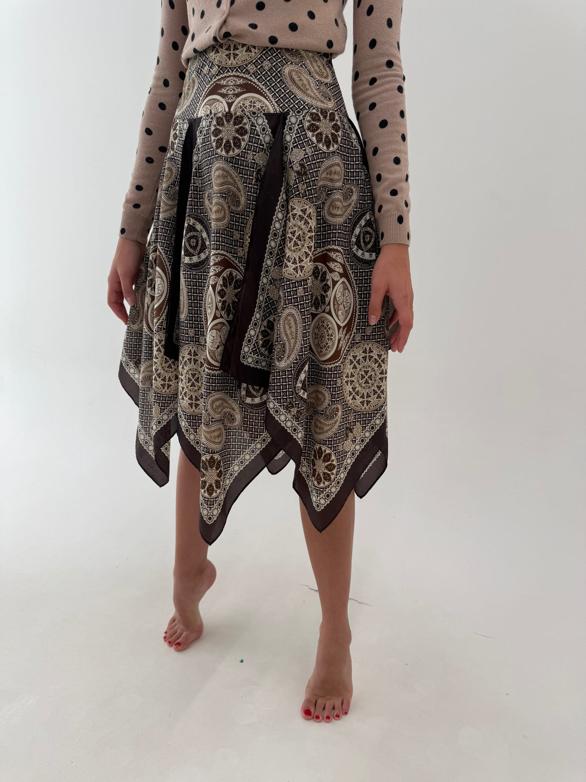 Fustă excepțională din twill de mătase naturală chocolate brown cu print camel