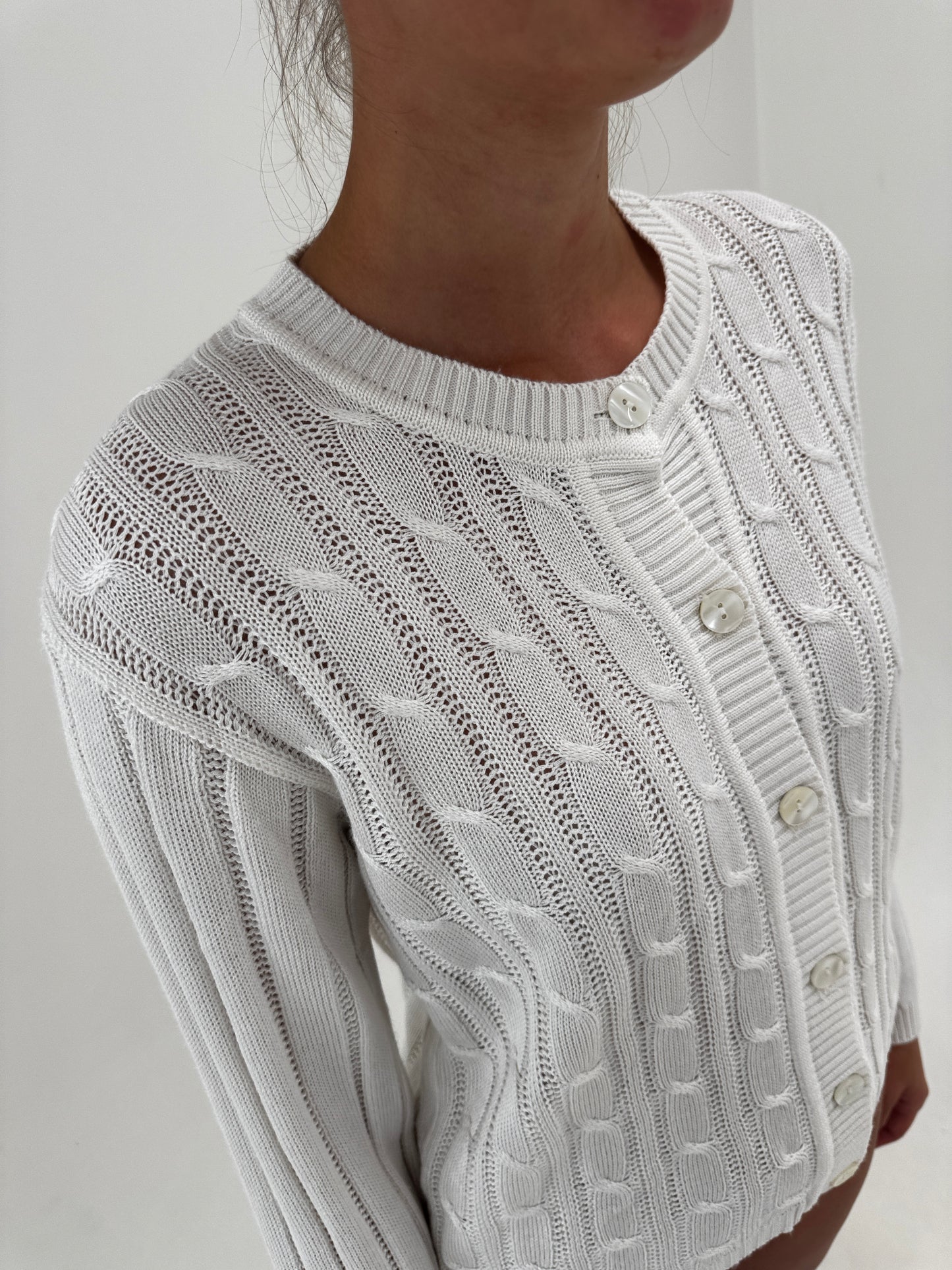 Cardigan vintage de bumbac alb de gramaj mare cu torsade