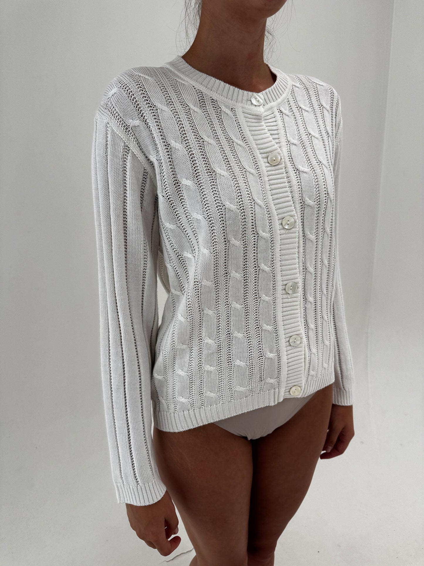 Cardigan vintage de bumbac alb de gramaj mare cu torsade