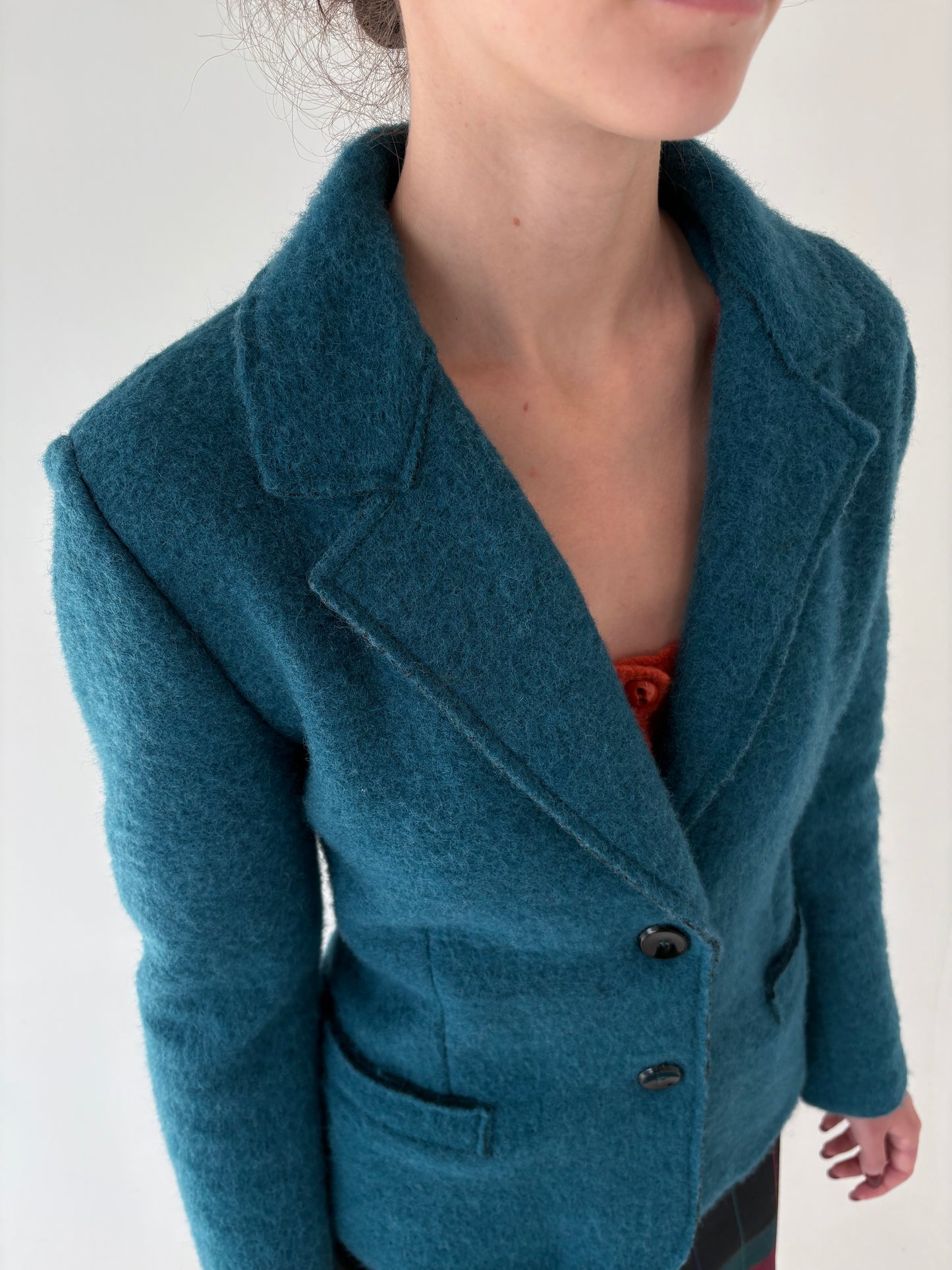 Sacou dark turquoise confort din boiled wool în croi ușor cambrat