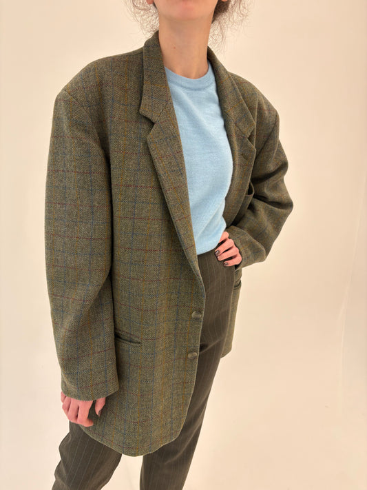 Sacou plus size din tweed forest green în carouri colorate