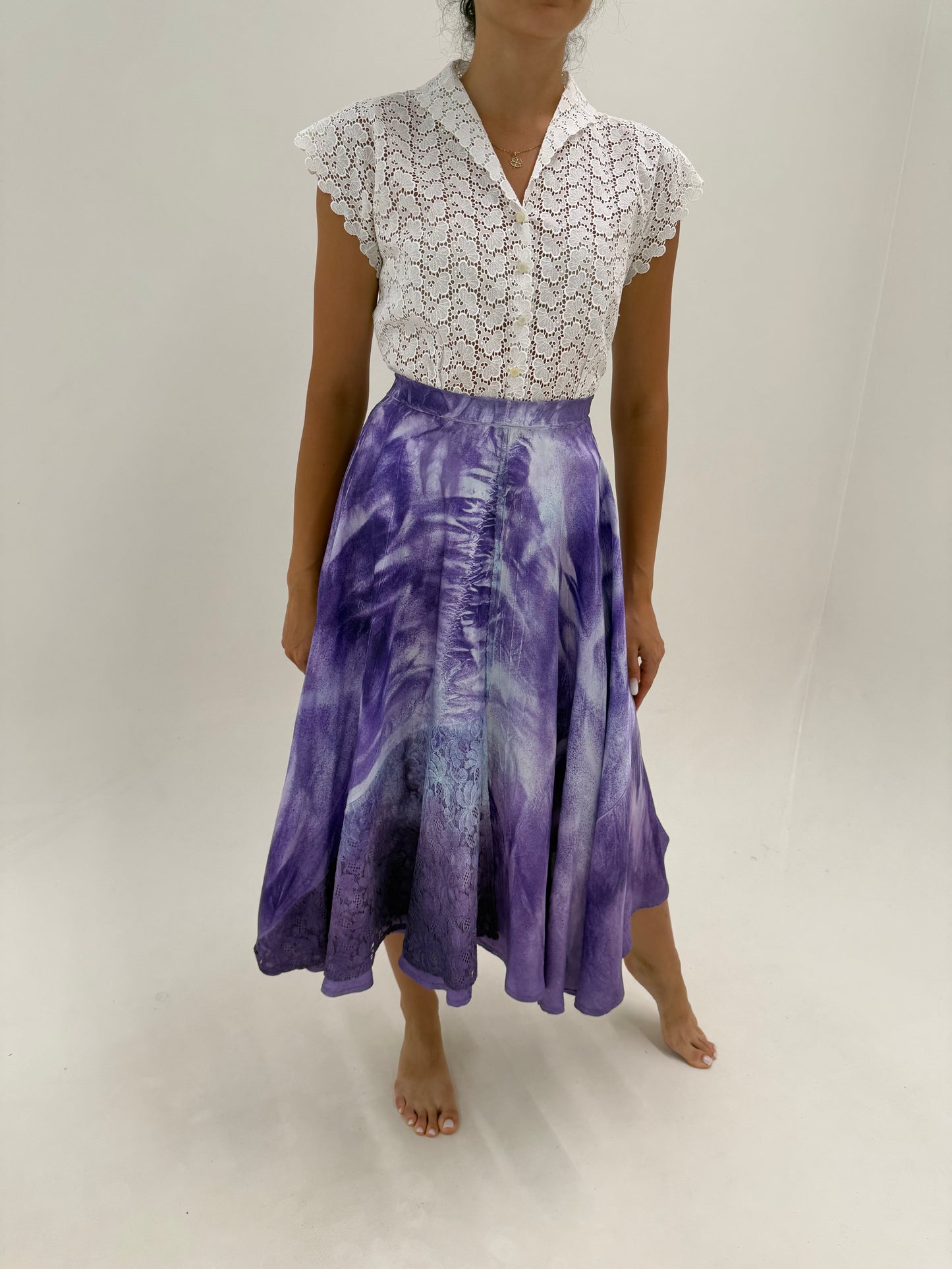 Fusta ultra amplă maxi de designer din twill de mătase naturală cu print manual