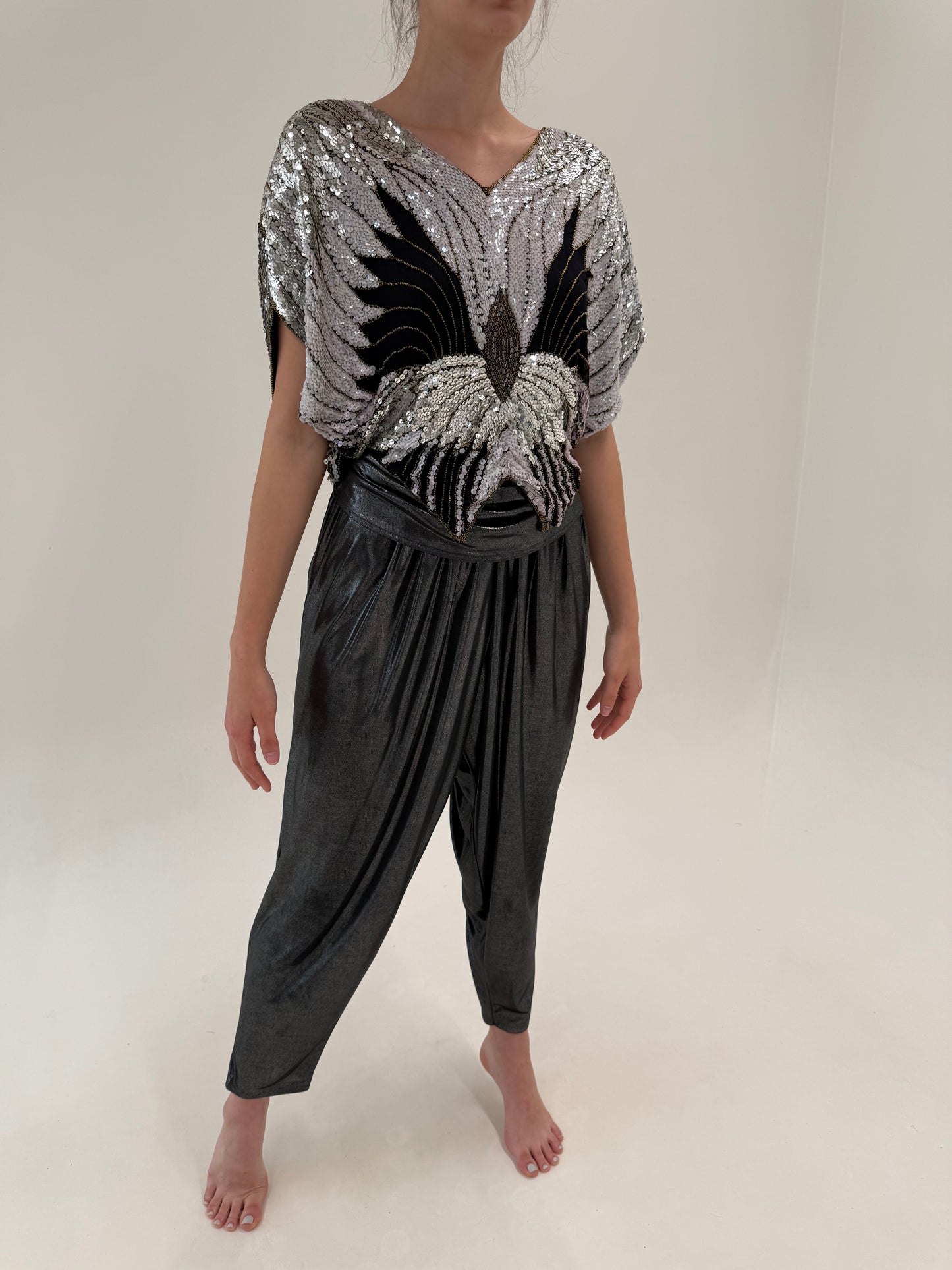 Pantaloni baloon din lame extrafin elastic ultra confort cu talie foarte înaltă