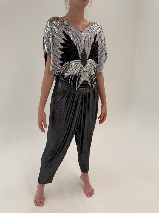 Pantaloni baloon din lame extrafin elastic ultra confort cu talie foarte înaltă