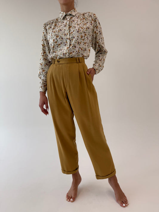 Pantaloni vintage camel din bumbac super gros cu pense și manșete