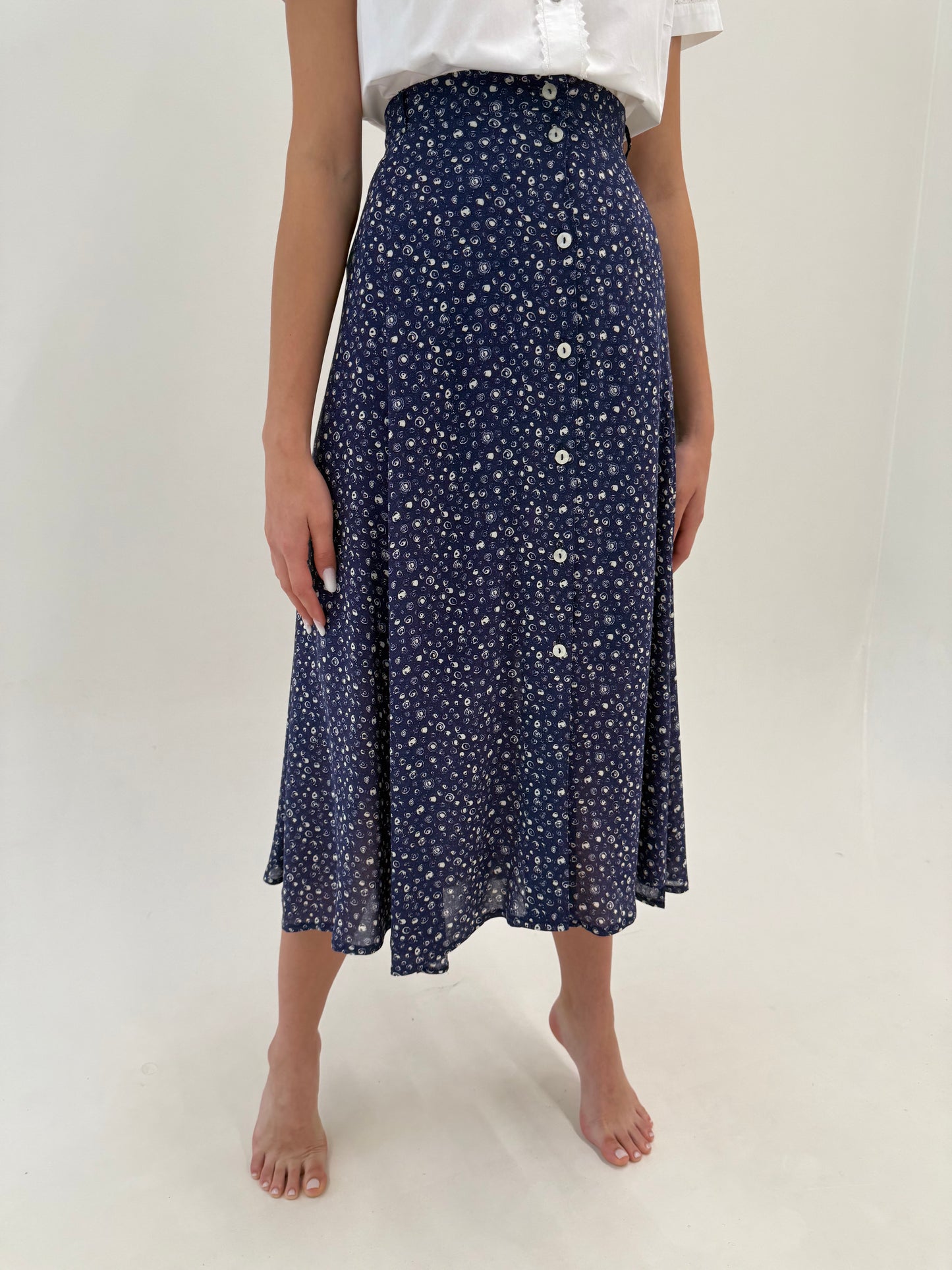 Fustă maxi Navy blue super vaporoasă cu print floral alb delicat