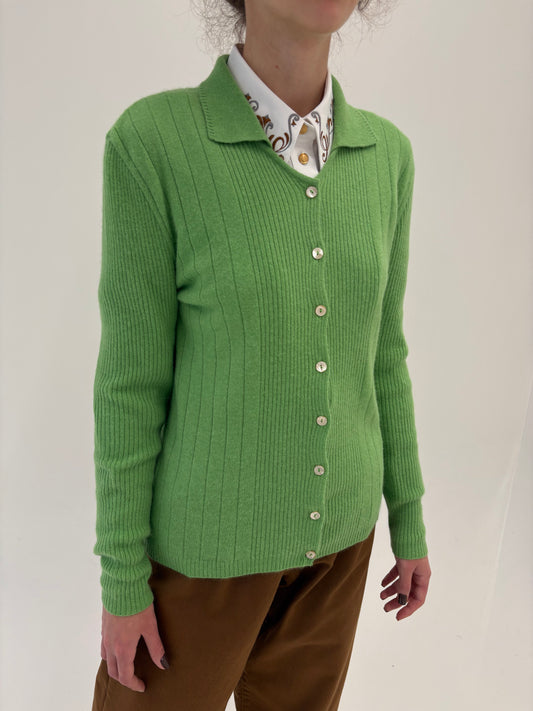 Cardigan polo italian super premium verde crud din lana cu Angora