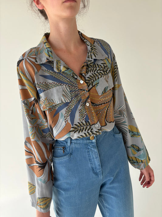 Cămașa vintage italiană baby blue cu print organic superb