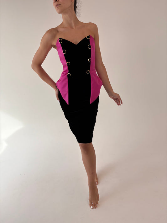 LBD vintage din catifea cu corset și peplum ciclam