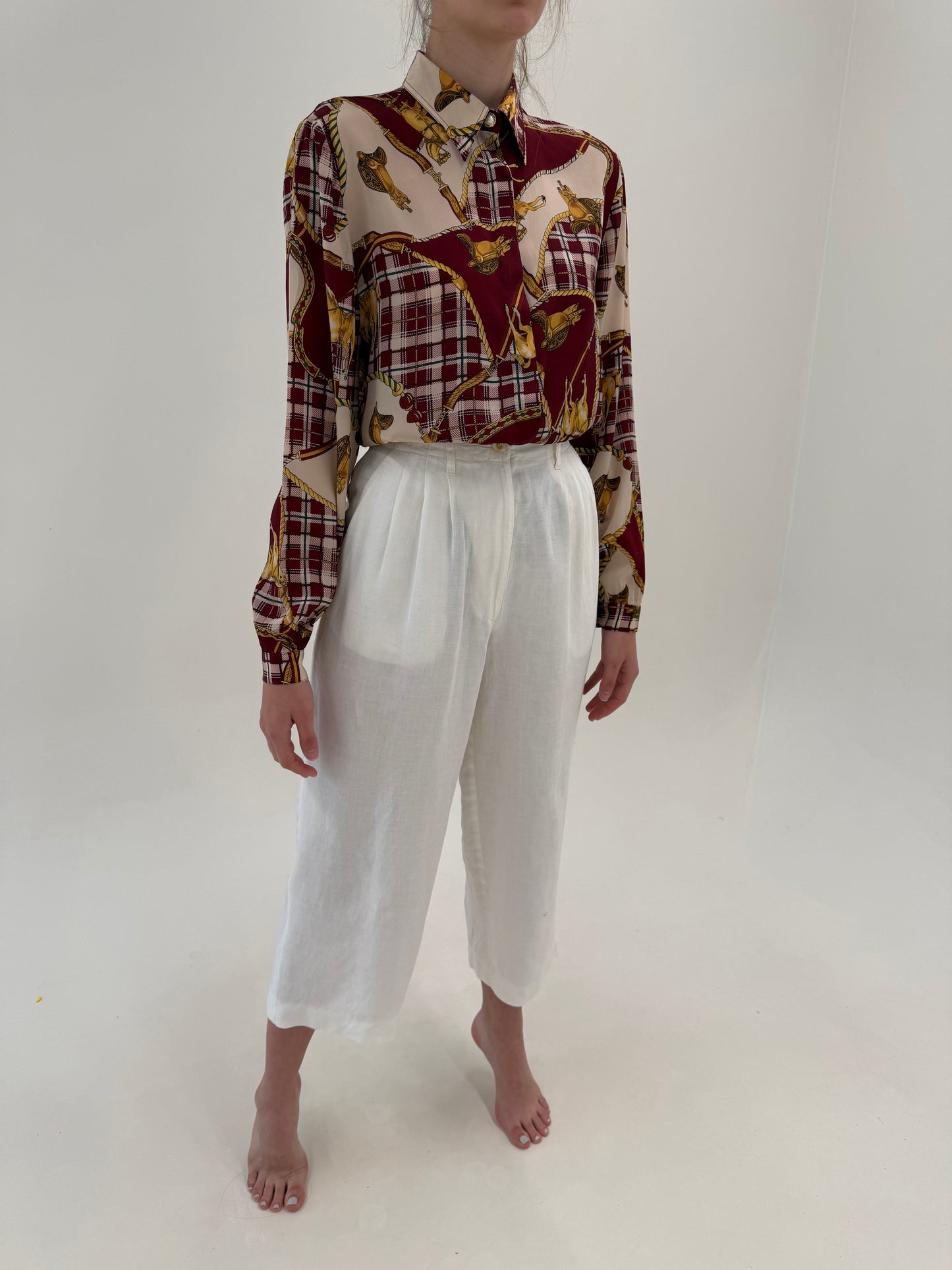 Pantaloni vintage din in premium cu pense adânci și talie extrem de înaltă