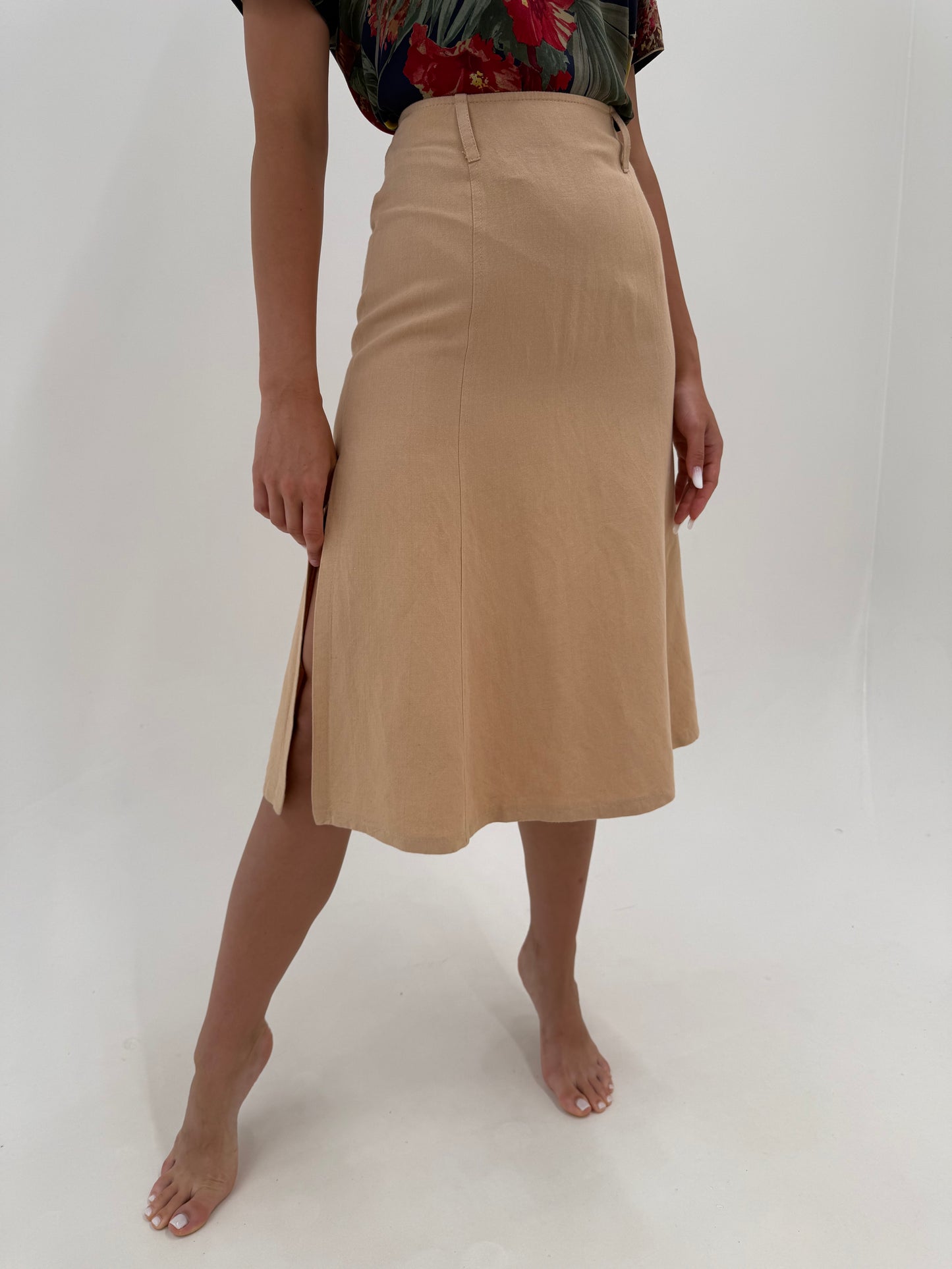 Fustă camel Marella by Max Mara din pânză moale premium midi cu talie ultra înaltă